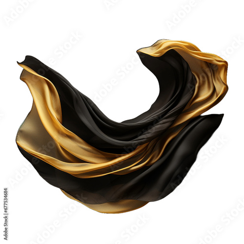 Black and golden silk flying isolated on transparent background