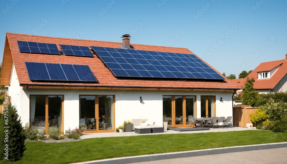 Solar panels on house roof, solar panel product concept Solar panels on house roof, solar panel product concept