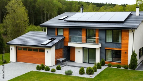 Solar panels on house roof, solar panel product concept