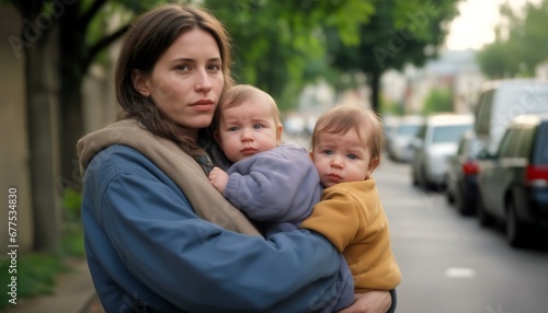 Homeless mother holding baby in her hand