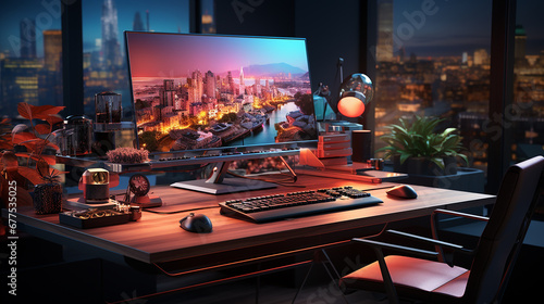 Empty gaming computer on a desk futuristic office concept photo