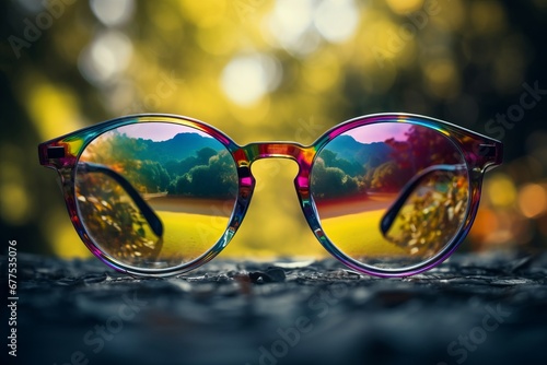 Picture nature in glasses reflecting. Sea vacation object travel protection. Generate Ai © nsit0108