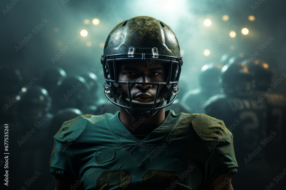 Close-up of professional American football player looking at camera. Determined, powerful, skilled African American athlete ready to win the game. Stadium with dramatic light in blurred background.