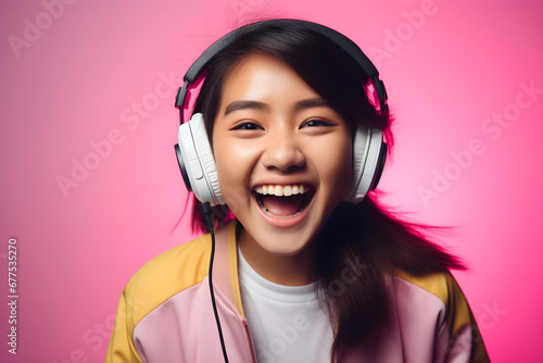 studio portrait of happy Asian gamer girl wearing headphones isolated on pink background