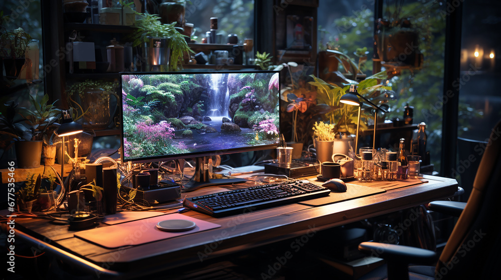 Empty gaming computer on a desk futuristic office concept