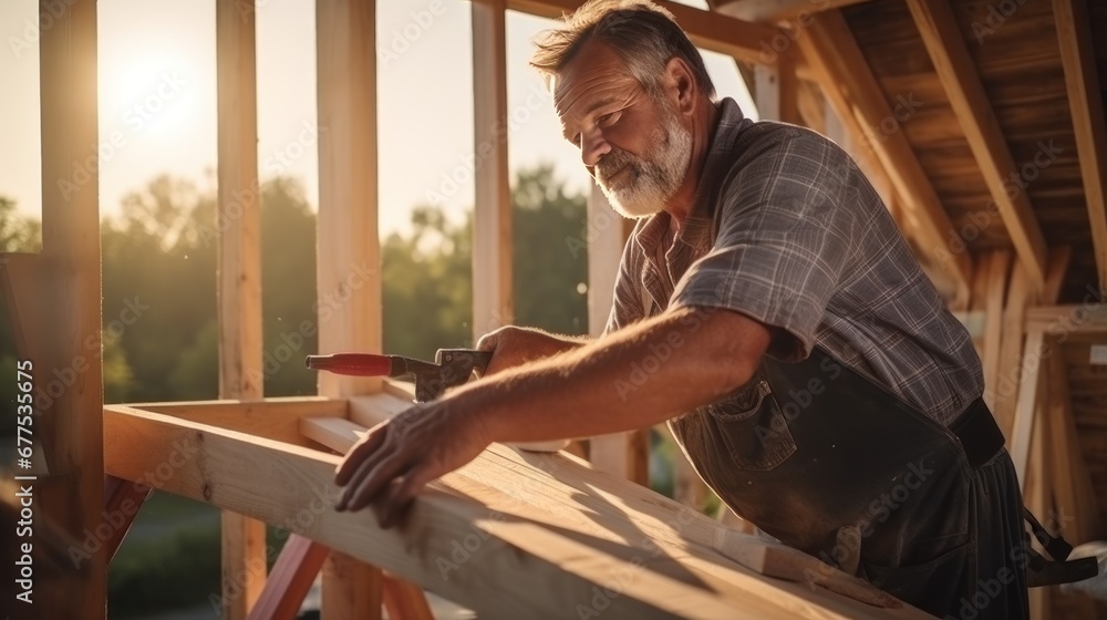 A male roofer is in the process of strengthening the wooden structures of the roof of a house. A middle-aged Caucasian man is working on the construction of a wooden frame house. A male roofer is in the process of strengthening the wooden structures of the roof of a house. A middle-aged Caucasian man is working on the construction of a wooden frame house.