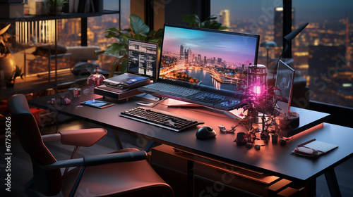 Empty gaming computer on a desk futuristic office concept