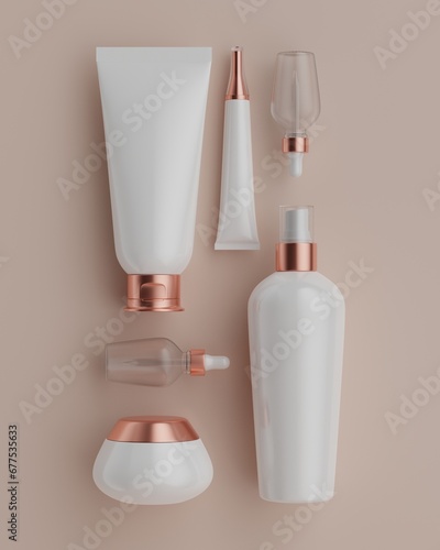 The plain white and rose gold packaging of a series of skincare products with a beige background in a flat lay position viewed from the top for mockup. 3D rendering photo