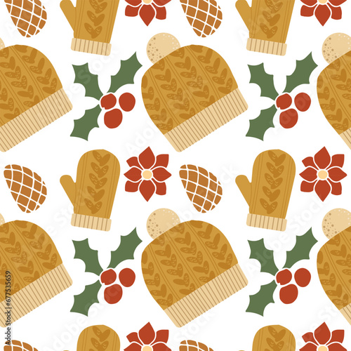 Vector pattern illustration , graphic design , winter yellow  hat  and gloves on green background , Christmas holidays in flat cartoon style for different design uses.