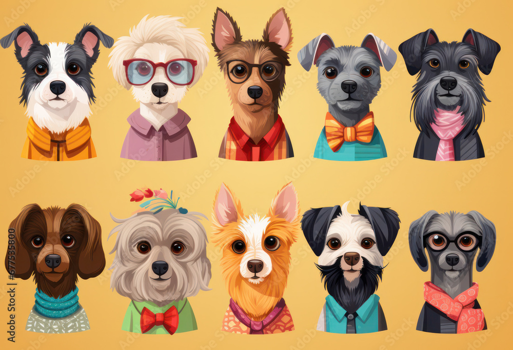 A set of cool cartoon dog stickers featuring adorable dogs in various poses and breeds, Generative AI