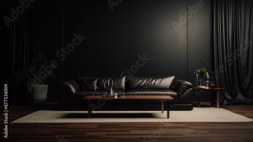 Empty living room with a dark couch.
