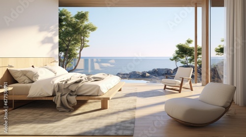Interior view of a bedroom to the ocean. © Goojournoon