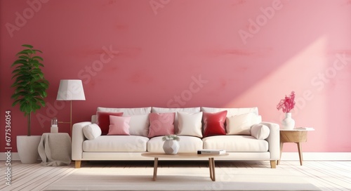 Living room with pink walls  in the style of light white and dark orange  minimalist backgrounds.