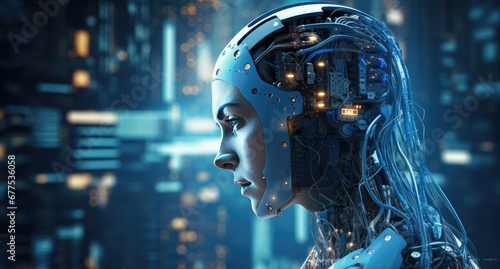 Android futuristic woman in a stylish cyborg head in profile.
