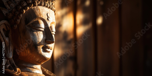 Buddha sculpture made of wood practicing mindful meditation with blurred background and large space for text or copy