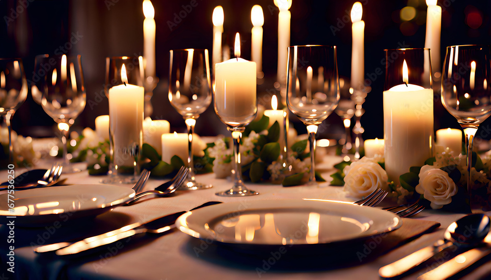 Elegant candlelight dinner table setting at reception Elegant candlelight dinner table setting at reception