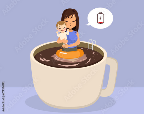 Mother holding baby bathing on coffee low energy concept vector illustration. Female parent stressed taking care of child