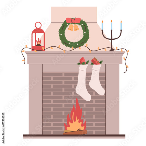 Christmas fireplace, home decoration greeting card vector illustration isolated on white background. Xmas holiday fireside with ornament on mantelpiece, wreath, candles and lantern