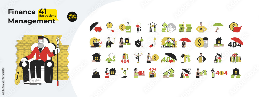Finance management 2D linear illustration concept bundle. Money people multicultural cartoon characters isolated on white. Mortgage home, piggy metaphor abstract flat vector outline graphic collection Finance management 2D linear illustration concept bundle. Money people multicultural cartoon characters isolated on white. Mortgage home, piggy metaphor abstract flat vector outline graphic collection