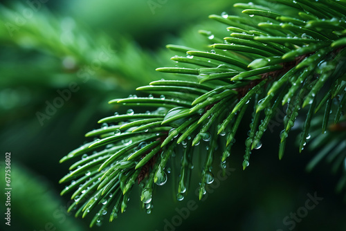 Close up view of a spruce branch with drops after rain