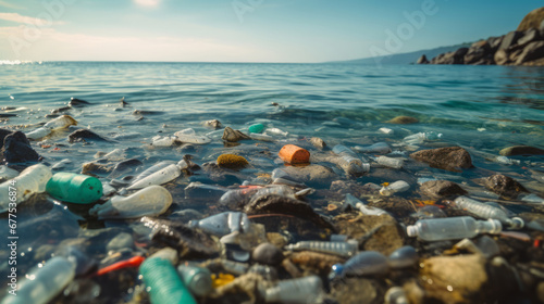 Close up view of garbage plastics and pollution in the sea