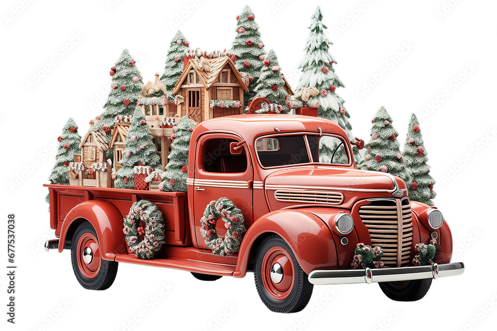 Red old christmas truck with chrismas trees driving through a snowy poetic winter landscape. Acrylic painting. isolated on a Transparent background. Generative AI