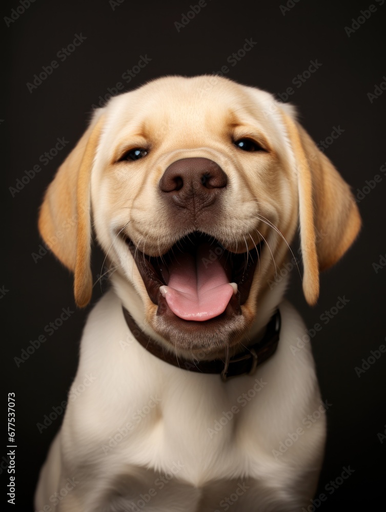 Smiling happy labrador retriever puppy posing on black background studio photo Smiling happy labrador retriever puppy posing on black background studio photo