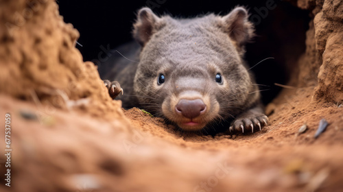 Close up view of wombat face peeking from burrow © standret