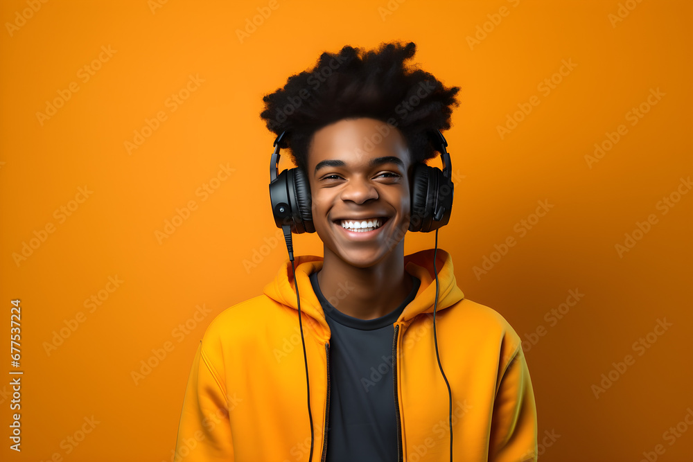 studio portrait of happy black gamer boy wearing headphones isolated on orange background - obrazy, fototapety, plakaty 
