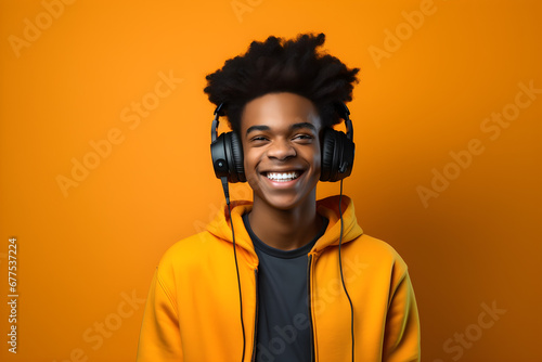 studio portrait of happy black gamer boy wearing headphones isolated on orange background photo