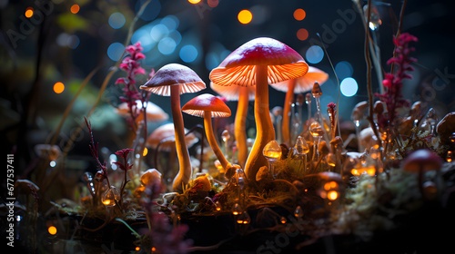 mushrooms in the forest in the night, Psychedelic neon mushrooms