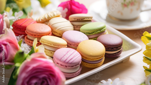 Tray of colorful macaroons. French dessert, crispy macaron cookies, spring flowers. 