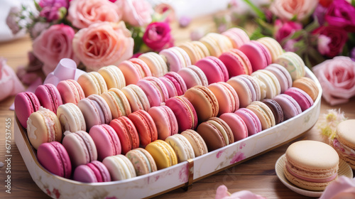 Tray of colorful macaroons. French dessert  crispy macaron cookies  spring flowers. 
