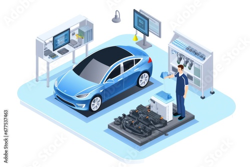Electric car engineer production ev car assembly industry plant manufacturing lithium battery li ion pack parts worker checking isometric Isolated.