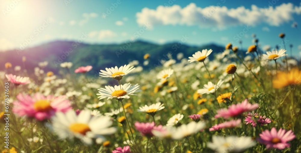 field of flowers Beautiful summer nature background with yellow white daisies Clover and dandelion in the grass Beautiful meadow filled with blooming flowers under a clear sky generative ai
field of flowers Beautiful summer nature background with yellow white daisies Clover and dandelion in the grass Beautiful meadow filled with blooming flowers under a clear sky generative ai