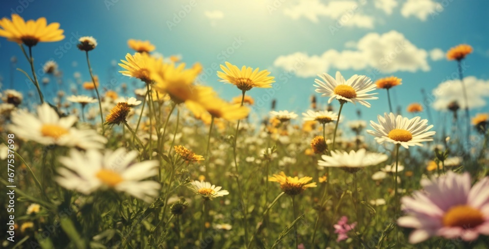 Wild daisies in the grass with a blue sky Vintage Chamomile Blossoms Captivating Nature Aesthetics Field of white chamomile generative ai 


