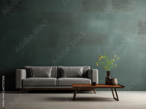 Grey sofa and coffee table against a dark wall background.