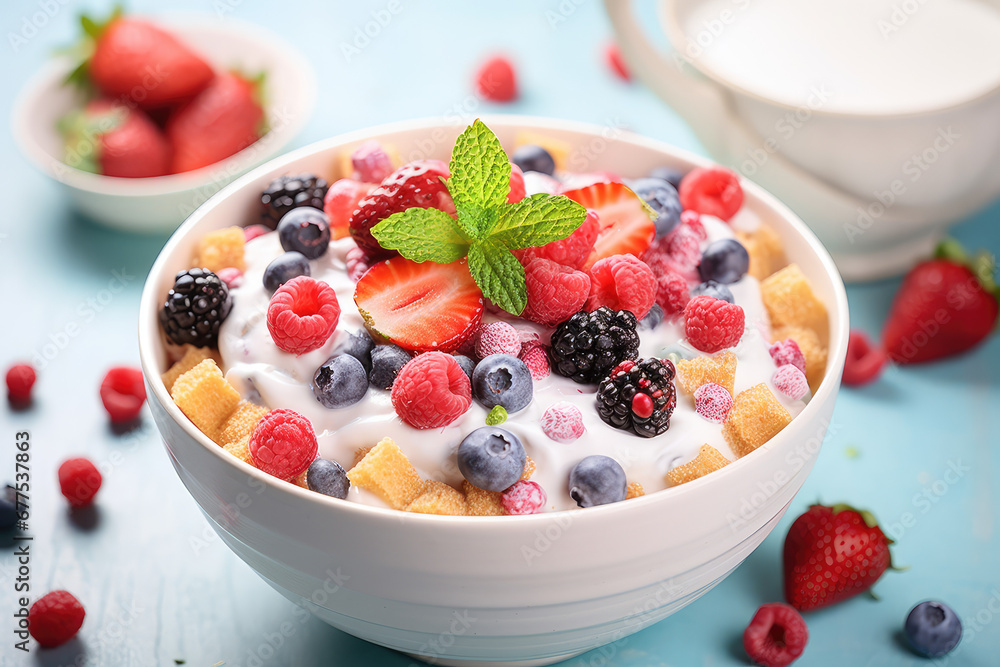 Ceramic bowl of cereal with milk and many ripe fresh berries. Close-up of a healthy and tasty breakfast cereal with raspberries and blueberries on the kitchen table. Ceramic bowl of cereal with milk and many ripe fresh berries. Close-up of a healthy and tasty breakfast cereal with raspberries and blueberries on the kitchen table.