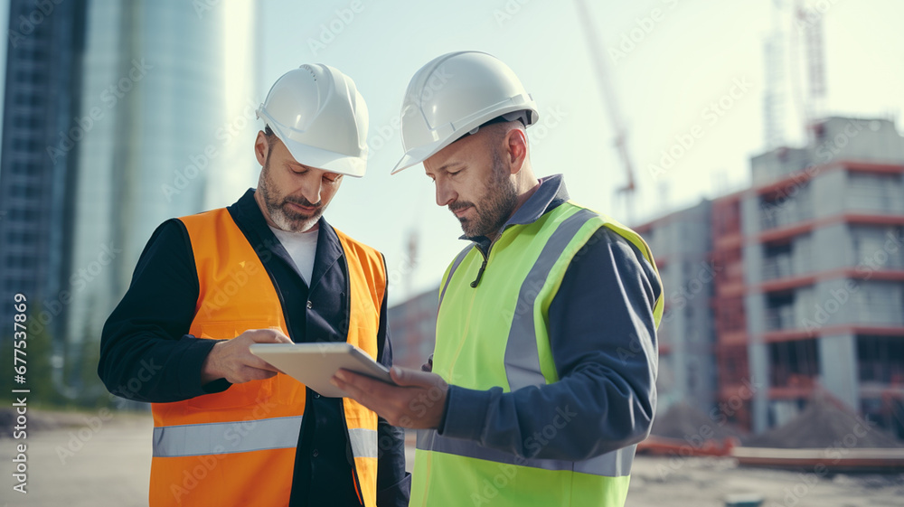 Male engineer supervising construction of building with construction worker checking hes tablet device.

 - obrazy, fototapety, plakaty 