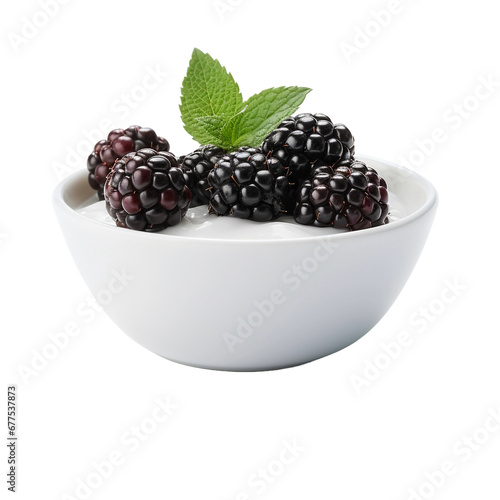 Blackberry yoghurt in bowl isolated on transparent background