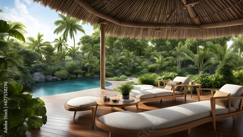 A tropical paradise home with a thatched roof, open-air living spaces, and a lush garden with sofa. © IBRAHEEM'S AI