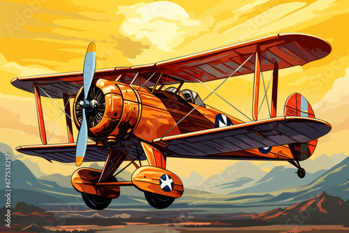 Colorful vintage biplane, many of the different colors, against the sky