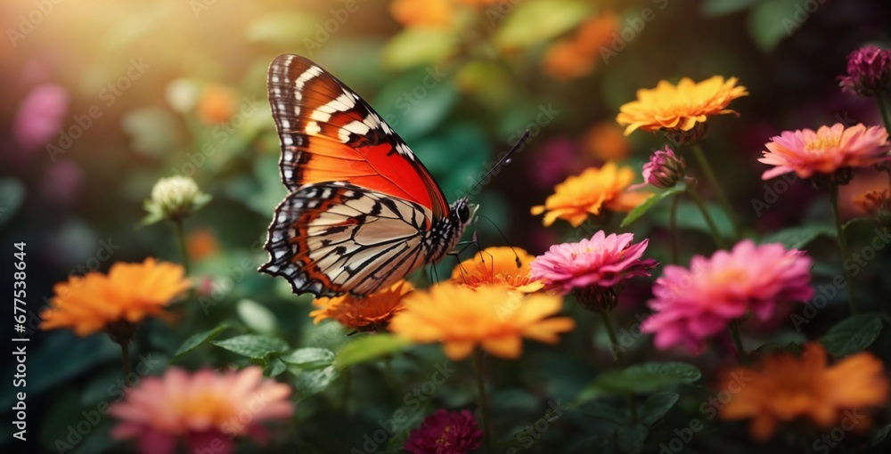 Obraz premium butterfly on flower HD 8K wallpaper Stock Photographic Image Nature's Elegance Close-up of Butterfly and Bloom zinnia flowers and monarch butterfly generative ai