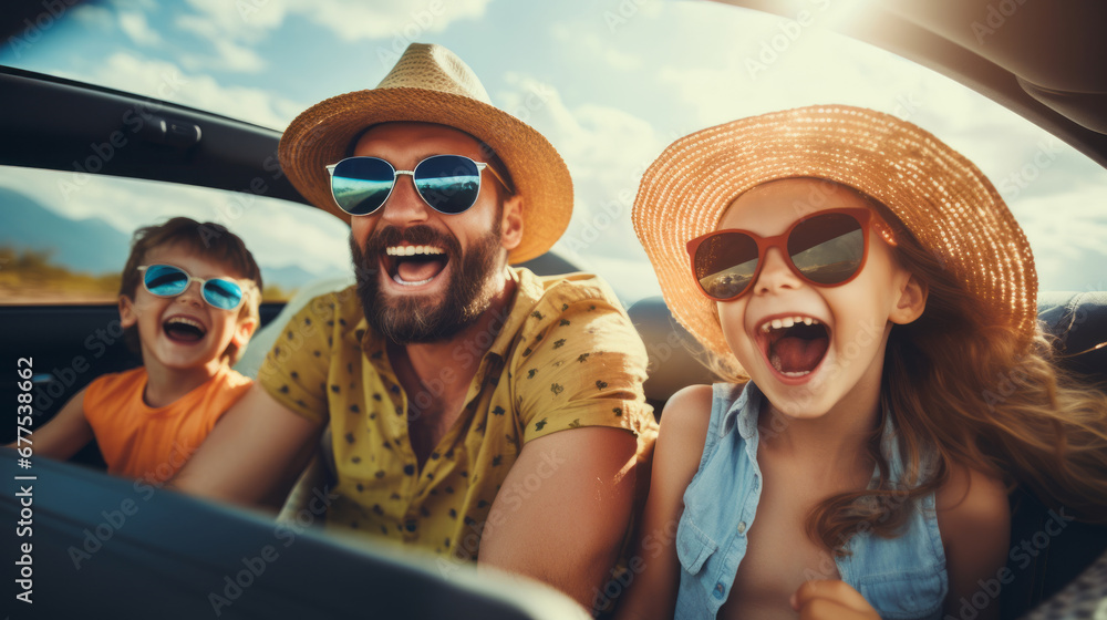 Cheerful travelers are happy, riding a car at sunny day Cheerful travelers are happy, riding a car at sunny day