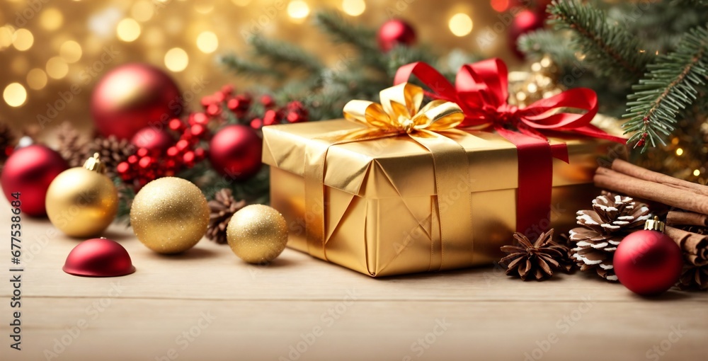 Christmas light gold background with beautiful Golden gift box with red ribbon fir branches cones branches of a pine cone Christmas Bokeh lights and Christmas gift boxes holiday spirit generative ai
Christmas light gold background with beautiful Golden gift box with red ribbon fir branches cones branches of a pine cone Christmas Bokeh lights and Christmas gift boxes holiday spirit generative ai
