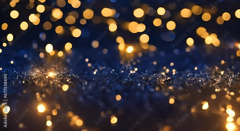 abstract background with Dark blue and gold particle. Christmas Golden light shine particles bokeh on navy blue background. Gold foil texture.