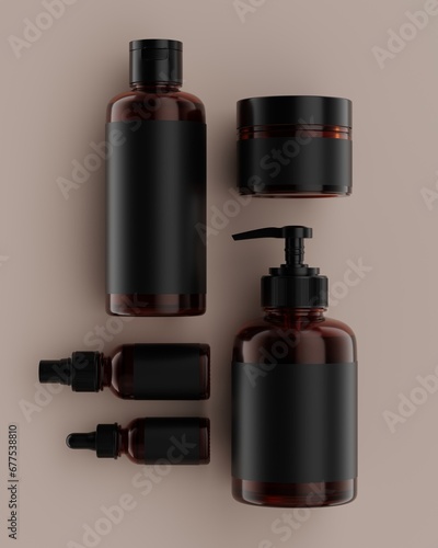 The plain amber packaging of a series of skincare products with beige background in flat lay position viewed from top for mockup, consisting of a pump bottle, spray, tube, and pot or jar. 3D rendering