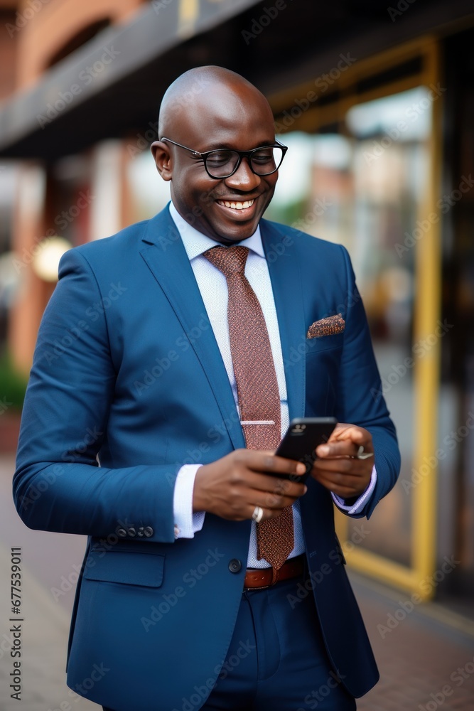 Naklejka premium Cheerful middle aged African American businessman in a formal suit and in eyeglasses with a smartphone. On the background of the street of the business district of the city.