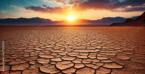 Dry land catastrophic climat change Cracked soil arid with sunset sky background, global warming and climate change concept Soil drought cracked landscape Dry soil Generative ai