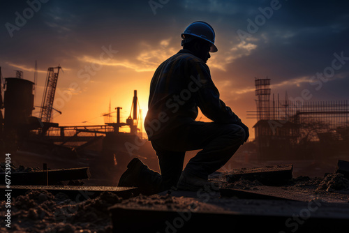 Construction worker silhouette, evening time, soft evening sunlight